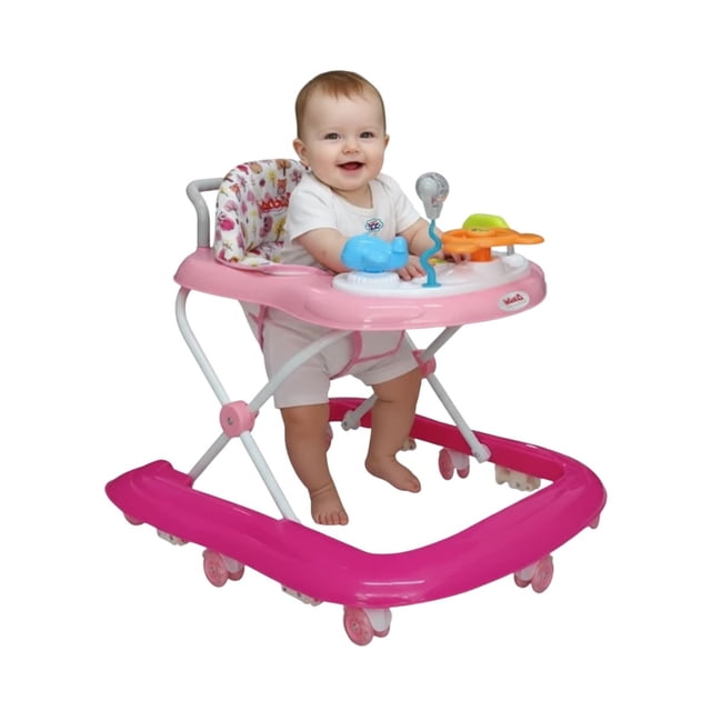 andadera d´bebe upa bebe rosa caminadora con aro en «u» frontal, asiento en tela rosa con estampado, bandeja con juguetero electrónico y botones, asa trasera para acompañar, estructura plegable de metal, 7 ruedas de gel silenciosas y freno de seguridad; 3 niveles de altura ajustable, ideal para entrenar los primeros pasos y a menudo usada para practicar equilibrio supervisado en interiores.