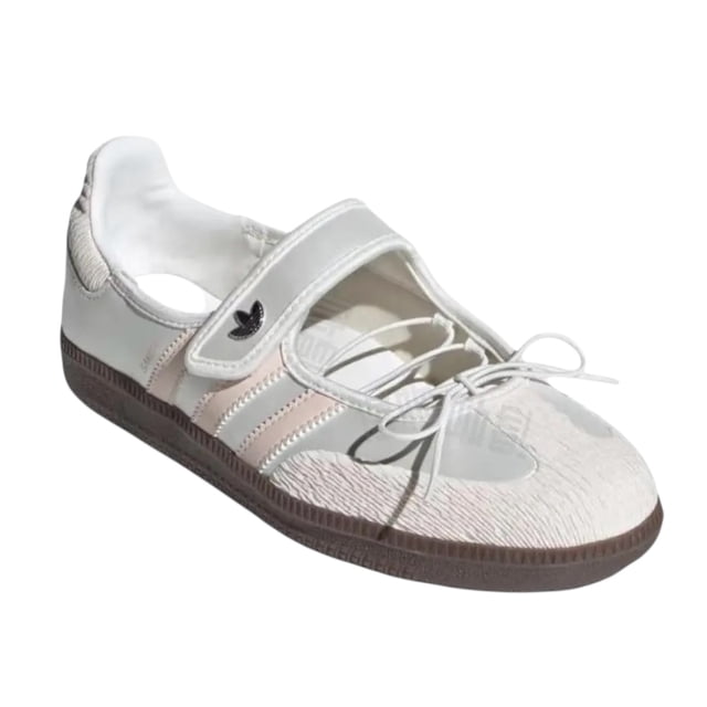 tenis zapatillas para dama adidas samba jane cloud zapatilla blanca 3/4 con parte superior de cuero, tira de velcro en el empeine, cordones decorativos, tres franjas laterales y suela de goma oscura; inspiradas en la Samba OG, ideal como calzado casual para salir o relajarte en casa, también adecuada para eventos informales.
