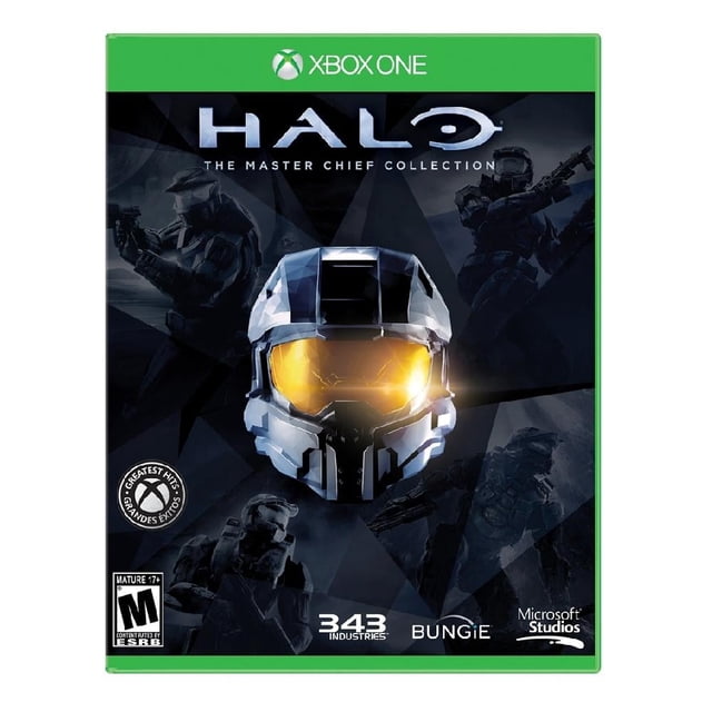 halo: master chief collection xbox one físico Carátula de Xbox One con el casco de Master Chief en primer plano y visera dorada, fondo oscuro con figuras de combate en tonos azules, título 'HALO The Master Chief Collection' en la parte superior, logos de 343 Industries, Bungie y Microsoft Studios y sello de clasificación M en el borde inferior.