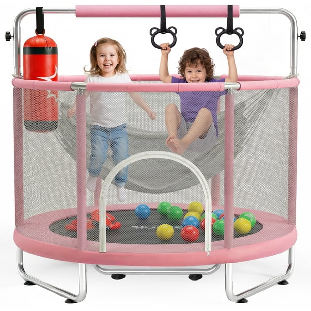 Trampolín Brincolín Infantil Hurtle, 140cm de Diamentro con Red de Seguridad, Barral de Altura Ajustable 157-168cm, Incluye Saco de Boxeo, Hamaca, Aros y 20 Pelotas, Soporta 55Kg, Interior y Exterior