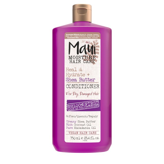 acondicionador maui moisture heal & hydrate + manteca de karité 750 ml botella frontal morada con etiqueta blanca y texto 'Heal & Hydrate + Shea Butter', tapa dorada, volumen 750 ml (25.4 fl oz), indicado para cabello seco y dañado, marca Maui Moisture centrada.