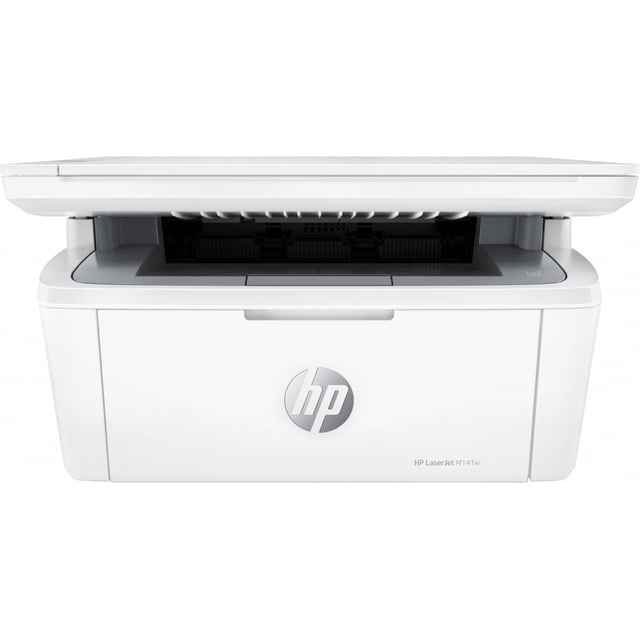 impresora multifuncional láser hp m141w monocromatica usb wifi 21 ppm win/mac vista frontal centrada de la HP LaserJet M141w en blanco, escáner plano superior y bandeja de salida superior visibles, logotipo HP en el frente y carcasa plástica lisa; ideal para cómputo y oficina en casa.