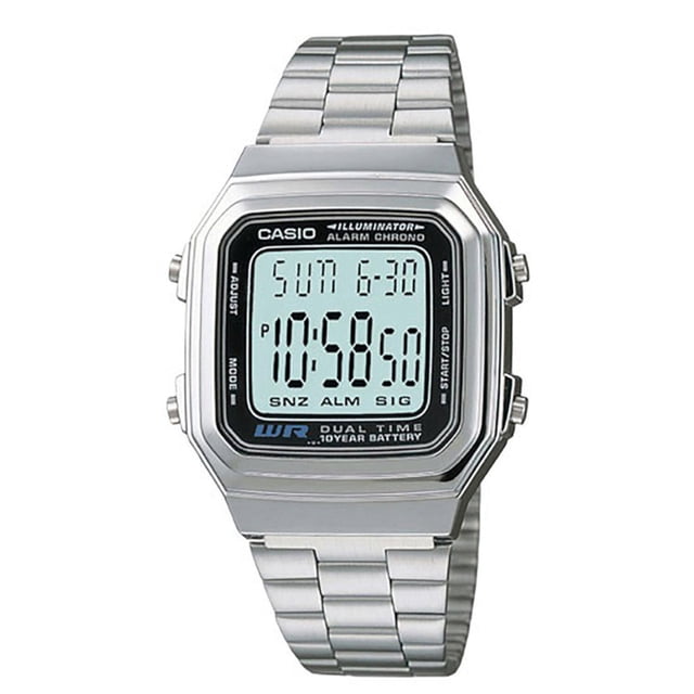 reloj casio a178wa-1acf retro pila de 10 años de duración-acero plateado 41 mm Casio A178WA-1ACF, vista frontal centrada de esfera digital cuadrada de 41 mm con pantalla LCD que muestra hora, día y fecha, cronómetro, temporizador y luz; caja y correa de acero inoxidable con eslabones cepillados, botones laterales y cristal mineral. Adecuado para estilo retro y frecuentemente usado como reloj de viaje por su función de doble hora.