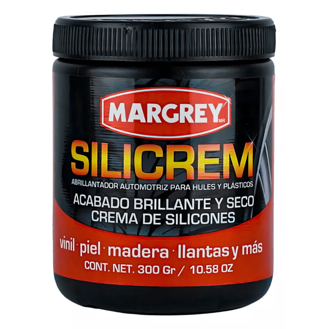 abrillantador para llantas y plásticos silicrem 300 g Margrey en envase de pasta, vista frontal centrada con etiqueta negra y roja que muestra SILICREM en letras grandes; indica 'acabado brillante y seco' y uso en vinil, piel, madera y llantas; formato práctico de 300 g, ideal para mantenimiento estético y aplicación manual con esponja o paño, también suele usarse para renovar molduras y defensas.
