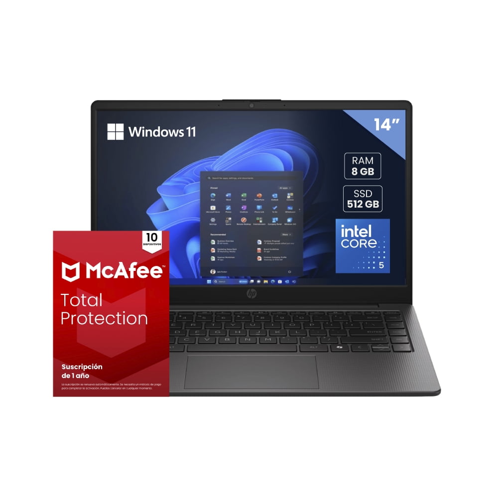 KIT LAPTOP HP 240R G10, 14" 1366X768 HD, INTEL CORE 5 120U, 8GB, 512GB SSD, W11H, ESPAÑOL + ANTIVIRUS