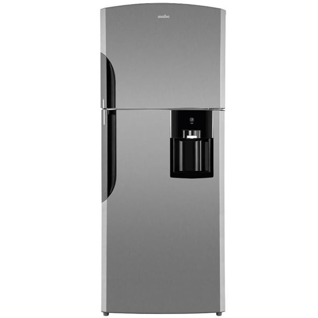 refrigerador top mount 19 pies inoxidable mabe - rms510iamrx0 Refrigerador top mount frontal en acero inoxidable cepillado, vista centrada con congelador superior y refrigerador inferior; despachador de agua integrado en la puerta derecha, manija vertical a la izquierda y logo Mabe en la parte superior. Especificado para 19 pies de capacidad con anaquel para botellas de hasta 3 L y cajón legumbrero según especificaciones; a menudo usado para almacenar bebidas y provisiones de reuniones familiares.
