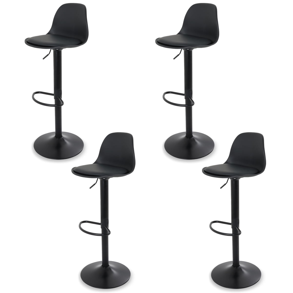 Sillas para Bar y Barra de Cocina con Respaldo y Reposapies de Altura Ajustable Banco Taburete Giratorio con Asiento Acolchado de Diseño Moderno Set 4 Piezas Full Black