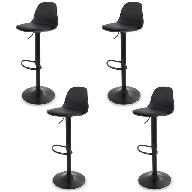 sillas para bar y barra de cocina con respaldo y reposapies de altura ajustable banco taburete giratorio con asiento acolchado de diseño moderno set 4 piezas full black set de cuatro taburetes negros con asiento acolchado de polipropileno y respaldo curvo, base redonda de metal cromado en negro, columna con elevador hidráulico y palanca para ajuste de 81–102 cm, reposapiés semicircular y giro 360°. A menudo se usan también como asientos altos para islas de cocina o estaciones de trabajo informal.
