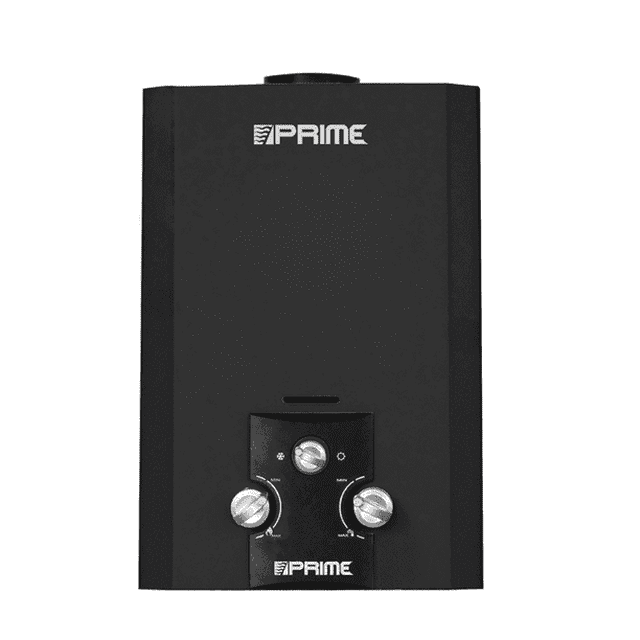 calentador de agua instantáneo prime gas lp caprl006-b 1 servicio, vista frontal de gabinete negro mate con logo Prime, panel inferior con dos perillas metálicas y control central; compacto para 1 servicio con ajuste gradual de temperatura, control de flujo y diseño apto para espacios pequeños, a menudo usado para suministro doméstico puntual o toma de servicio individual.