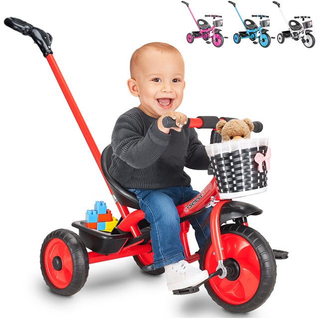 triciclo bicicleta juguete para niños infantil cesta cajuela Rojo SELECTSHOP — vista frontal 3/4 con niño sentado; estructura roja con ruedas negras y rojas, manija de empuje trasera larga, asiento con respaldo, canasta blanca tipo mimbre con peluche y espacio trasero tipo cajuela para juguetes; a menudo se usa para paseos guiados por padres.