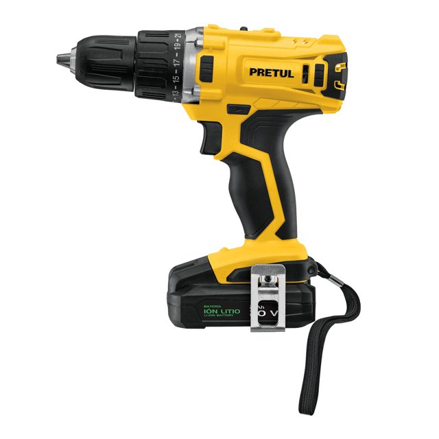 taladro inalámbrico 3/8', batería ion litio 20 v, pretul pretul tali-20p2 Taladro inalámbrico amarillo Pretul en vista lateral; empuñadura ergonómica negra y amarilla, broquero 1/2" y anillo de torque con 21 posiciones, doble engranaje y LED frontal para iluminar área de trabajo. Batería 20 V (2 Ah) en la base con clip metálico para cinturón y correa; peso 1.6 kg; adecuado para bricolaje y montaje en casa.