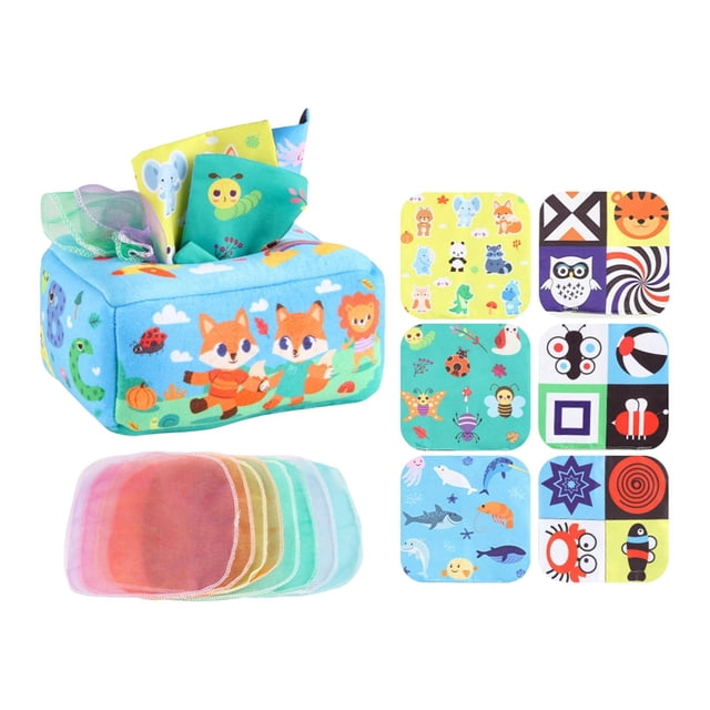 juguete sensorial con forma de caja de pañuelos para arrastrar, ideal para desarrollar habilidades motoras finas, ideal para bebés de 6 meses en adelante. zorros — caja rectangular de felpa azul con dibujos de zorros y otros animales, vista frontal 3/4; ocho pañuelos sedosos de colores surtidos asoman por la abertura superior; nueve paneles impresos con motivos infantiles y de alto contraste a la derecha; pila de pañuelos translúcidos en tonos pastel en primer plano; compacto (17 cm x 12 cm x 7.5 cm), pensado para juego sensorial, aprendizaje de colores y práctica de agarre; a menudo se usa también como juguete de viaje tranquilo.