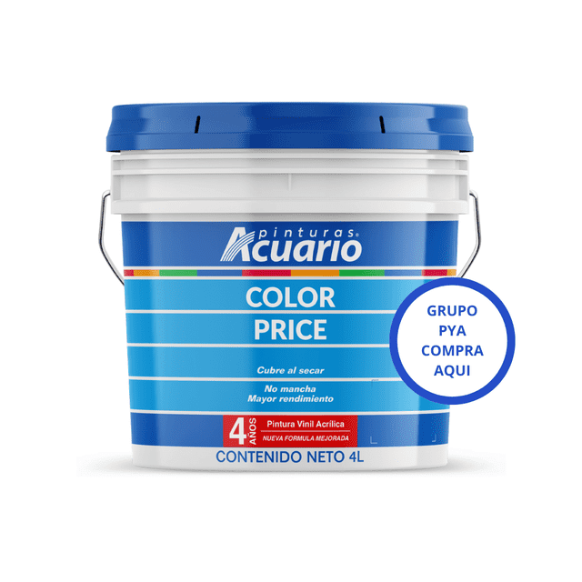 pintura vinílica interiores pinturas acuario color price 4 años 4 litros blanca cubeta frontal con tapa azul y etiqueta a rayas que muestra marca Pinturas Acuario, texto COLOR PRICE, ícono 4 años y leyenda contenido neto 4L; envase blanco con asa metálica y nota de uso en interiores con acabado mate.