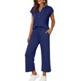 thumbnail image 1 of TaTaai Women Spring Summer Comfortable Solid Sports Set V-Neck Short Sleeve Top Long Pants with Pockets Ladies Daily Office Street Wear Non-See-Through Machine Washable Stylish Set Gift, 1 of 9