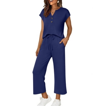 TaTaai Women Spring Summer Comfortable Solid Sports Set V-Neck Short Sleeve Top Long Pants with Pockets Ladies Daily Office Street Wear Non-See-Through Machine Washable Stylish Set Gift