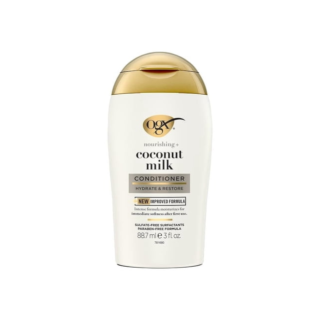 acondicionador ogx de leche de coco 88.7 ml, envase frontal curvado blanco con tapa dorada y logotipo OGX, texto 'coconut milk conditioner' y volumen 88.7 ml legible; presenta indicación de hidratación para cabello manejable sobre fondo blanco.