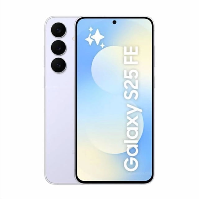 smartphone samsung galaxy s25 fe 5g dual sim 8gb + 512gb nuevo liberado Icy Blue, vista 3/4 frontal y trasera: pantalla AMOLED de 6.7" con orificio central para cámara frontal y bordes delgados; trasera Icy Blue con módulo vertical de tres cámaras con anillos negros y acabado liso; botones laterales visibles. Además, apto para usuarios que buscan un celular con gran almacenamiento y pantalla fluida.
