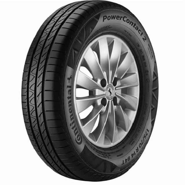 llanta 205/55 rin 16 91v continental fr powercontact 2 Neumático negro 205/55R16 91V con protección de rin (FR), vista 3/4 frontal que muestra diseño asimétrico de la banda, surcos de evacuación y logos Continental y PowerContact 2 en el flanco; imagen ilustrativa sin rin; adecuada para uso en vehículos de carretera y como repuesto temporal.