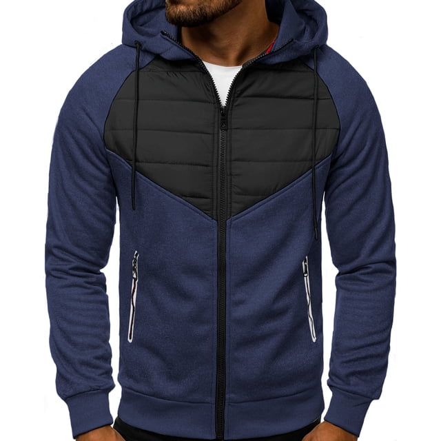 sudadera para hombre shendy vendy con capucha ajustable deportiva hoodie azul marino, vista frontal centrada con cremallera frontal completa; capucha con cordón teñido, panel acolchado negro en forma de V en el pecho, bolsillos delanteros con cremalleras, puños y dobladillo acanalados y costuras dobles en cuello y sisas para durabilidad. También suele usarse como capa ligera para viajes cortos en clima frío.