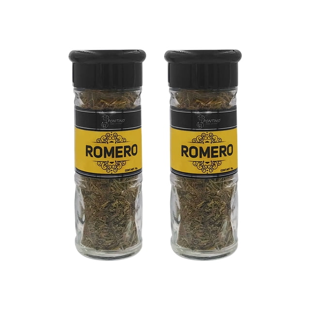 pontino romero 18g 2 piezas frascos frontales, dos botellas de vidrio con tapa negra y etiqueta amarilla PONTINO que muestran romero seco; hierbas secas para sazonar carnes, sopas y guisos, también apto como especiero compacto para viaje.