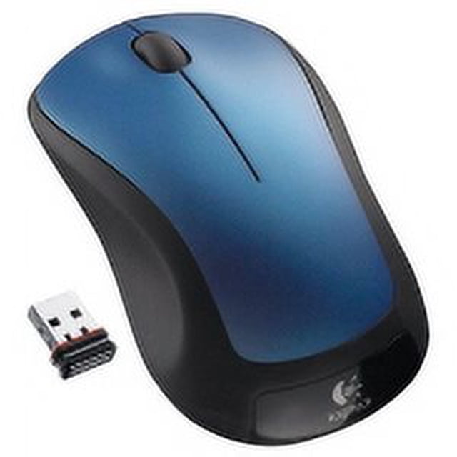 logitech wireless mouse Azul — vista en tres cuartos de un mouse inalámbrico compacto con carcasa superior azul metálico y laterales negros texturizados, rueda de desplazamiento negra y receptor USB nano junto al mouse; diseñado para computadoras y uso de oficina, a menudo usado para labores móviles en laptops.