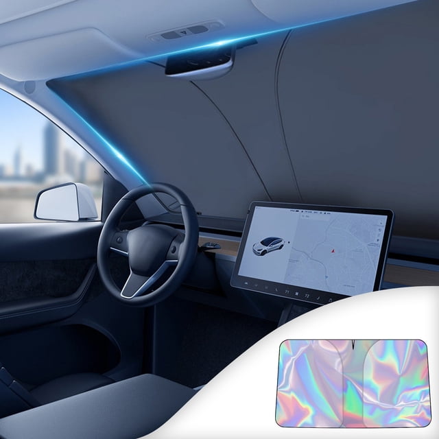 parasol dellantero xihbxyly para coche de 57x32 pulgadas bloqueador solar grueso. Vista frontal dentro de un automóvil, cubre el parabrisas y el tablero, acabado multicolor iridiscente mostrado en la esquina, material reflectante con costuras verticales; indicado para aislamiento térmico en verano y fácil de limpiar.