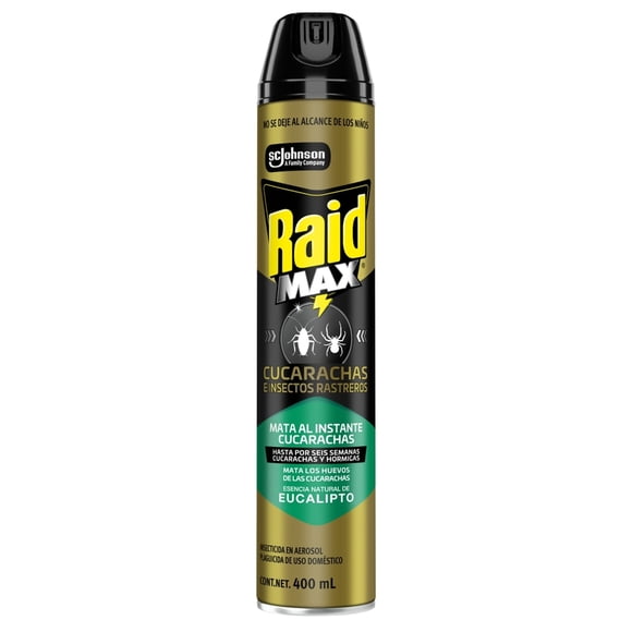 Insecticida en Aerosol Raid Max Mata Cucarachas e Insectos Rastreros Esencia Eucalipto 400 mL