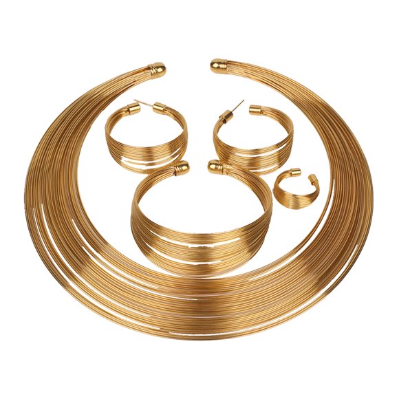 Metal Four-piece Suit Necklace Earring Ring Bracelet African Jewelry Set for Bridal Wedding (Gold)