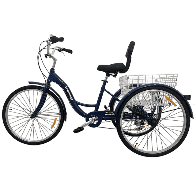 triciclo para adulto 3cycle r26 7v terrafit azul marino Triciclo adulto Terrafit azul marino, vista lateral 3/4 con cuadro paso bajo y ruedas de 26", 7 velocidades Shimano en el sistema de cambios, manillar alto con puños, asiento amplio con respaldo, canasta metálica trasera montada sobre el eje y guardabarros en ruedas traseras; adecuado para movilidad urbana y llevar compras.