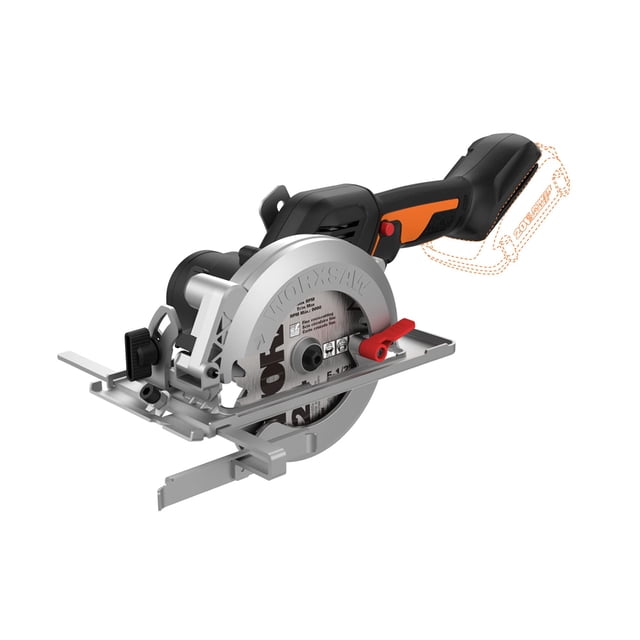 sierra circular worx wx531l.9, 20 v, power share, 4,5 pulgadas, compacta 3/4 frontal; sierra circular inalámbrica WORX gris y negra con acentos naranja, hoja de 4.5" protegida por carcasa metálica, base guía plana, palanca roja de ajuste de bisel, tope de profundidad y mango ergonómico con zona texturizada para la batería Power Share (batería no incluida). Apto también para cortes precisos en madera de stock y para tareas de bricolaje en espacios reducidos.