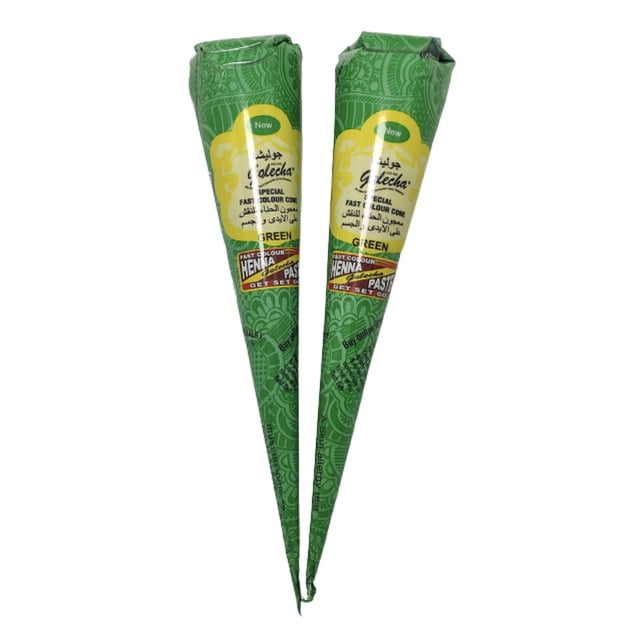 henna natural golecha para tatuajes temporales 2 conos delineador mehndi colores a escoger Par de conos delineadores Golecha color verde, 15x2 cm y aprox. 25 g c/u, empaque cónico con etiqueta bilingüe y marca; henna 100% vegetal, hecho en India; ideal para crear diseños mehndi y tatuajes temporales en piel; también suele usarse para practicar trazos y detalles de body art.