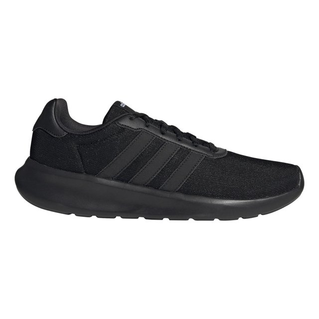 tenis adidas hombre lite racer 3.0 negro gw7954 tenis para caminar estilo running clásico, vista lateral 3/4 derecha; corte en malla con paneles de piel sintética, tres franjas tonales, sistema de amarre con cordones, plantilla EVA y entresuela Cloudfoam visibles, suela con tracción para uso diario urbano. También suele usarse para trayectos cortos y desplazamientos cotidianos.
