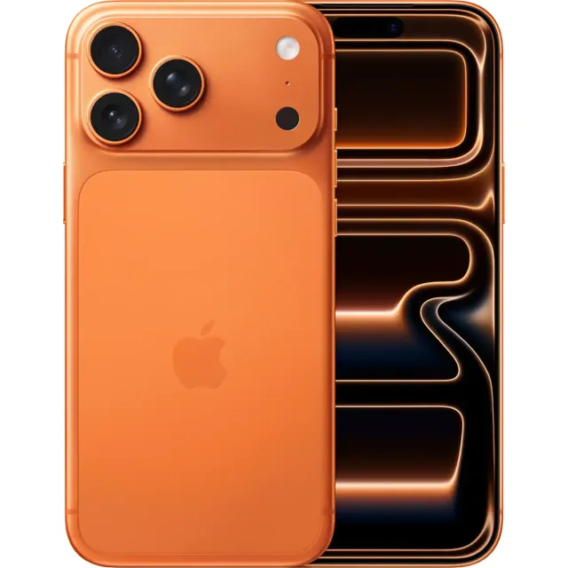 iphone 17 promax 256gb cosmic orange Vista frontal y posterior centrada del iPhone 17 Pro Max 256GB en color Cosmic Orange con diseño unibody de aluminio, tres lentes traseras visibles (48 MP) en módulo superior izquierdo, flash y micrófono, logo Apple en la parte posterior y pantalla de 6.9 pulgadas encendida con reflejos anaranjados; búsqueda relacionada con cámara Pro, chip A19 Pro y batería de larga duración.