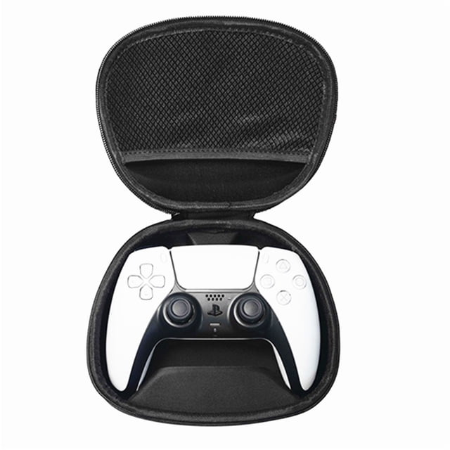 bolsa de transporte estuche protector onlyliua para controlador ps5 interior/exterior negro, vista frontal centrada con cremallera abierta mostrando un DualSense blanco sobre espuma moldeada y tapa con bolsillo de malla, tamaño compacto para viaje y almacenamiento; también suitable para guardar cables o audífonos pequeños.
