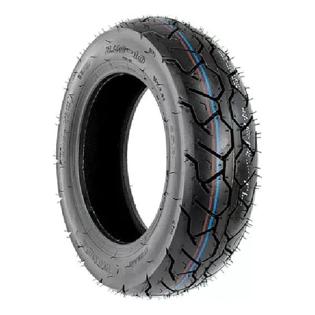 llanta para moto marca epsilon 51j 3.50-10 tt 4 51j p235 llanta negra Epsilon 3.50-10 TT 4, vista 3/4 frontal centrada, dibujo de banda de rodamiento en bloques con ranuras direccionales, franjas de transporte azul y roja visibles en la banda, costado marcado 3.50-10, perfil tubular sobre fondo blanco.