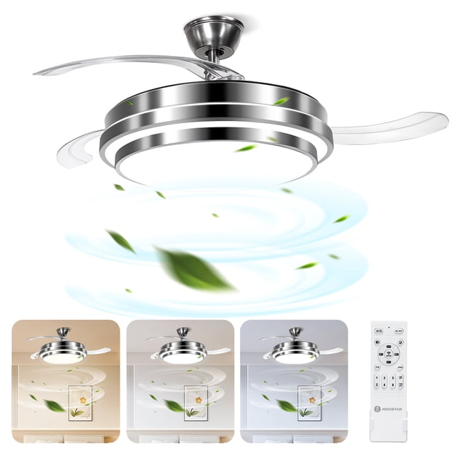 aigostar ventilador de techo de 42 pulgadas con luces, plateado, vista 3/4 centrada; cuerpo circular metálico con difusor LED integrado y anillos decorativos, 7 aspas retráctiles parcialmente desplegadas y control remoto a la derecha; luz regulable 2700K–6500K, 6 velocidades, función inversión y motor silencioso, a menudo usado también como iluminación principal minimalista para dormitorios o salas pequeñas.