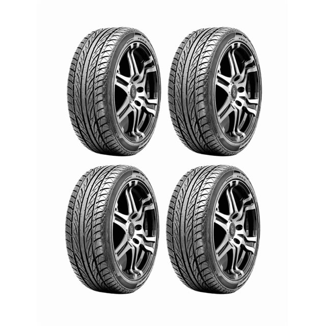 paquete de 4 llantas 245/45 r19 98w blackhawk hu01 vt 98w paquete de cuatro llantas 245/45 R19 montadas en rines de cinco radios; vista 3/4 frontal con banda de rodamiento que muestra ranuras longitudinales simétricas de cuatro anchos y canales laterales integrales para canalización de agua; fondo blanco. A menudo usadas en reemplazo para vehículos deportivos y de paseo.
