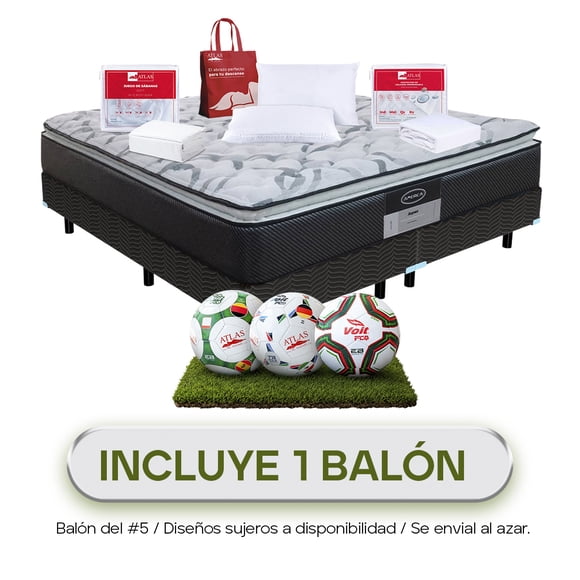 Colchón Mas Box King Size América Aspen + 2 Almohadas Suaves + Protector de Colchón + Juego de Sabanas Blancas + 1 Balón Atlas Del Descanso