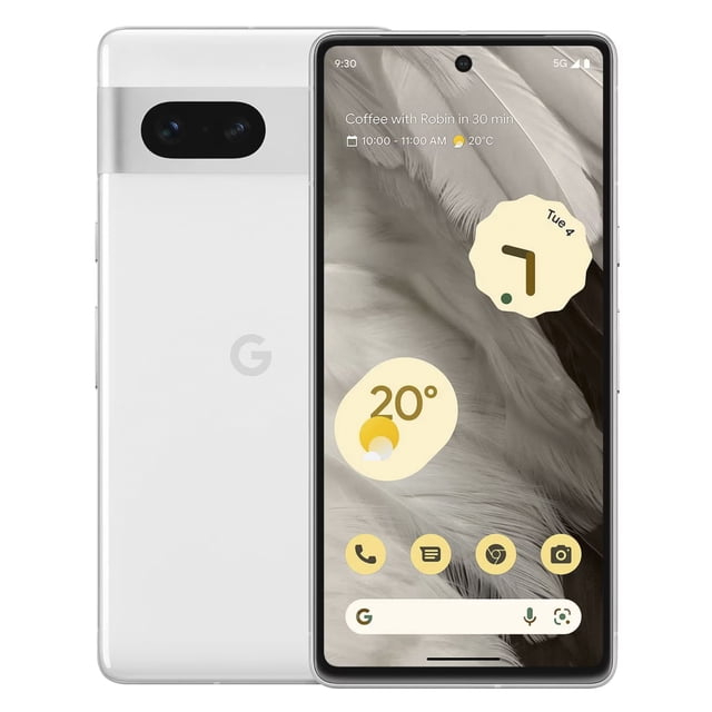 celular google pixel 7 8gb 128gb 5g blanco, vista frontal y trasera centrada: pantalla AMOLED 6.3" (1080 x 2400) con recorte para cámara frontal y dorso blanco con módulo horizontal de doble cámara 50+12MP y logotipo G; especificado con Google Tensor G2, 8GB RAM, 128GB almacenamiento y batería 4355 mAh. Apto también para uso frecuente en fotografía móvil y captura de video.