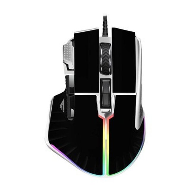 mouse game factor mo-602-bk (mog602-bk) alámbrico Vorago negro, vista cenital frontal con silueta con apoyo lateral, 6 botones más 1 fast click, rueda texturizada, sensor óptico 19,000 DPI y línea RGB multicolor en la carcasa, cable superior; suele usarse también como mouse de precisión para tareas de diseño o edición ligera.