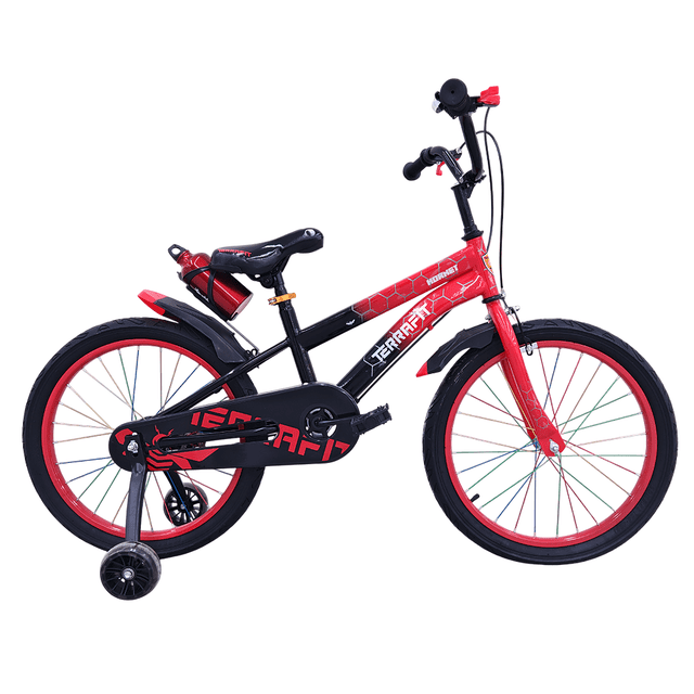 bicicleta infantil para niño hornet terrafit r20 roja con llantas de entrenamiento y porta botella. Vista lateral derecha con cuadro rojo y negro y logo TERRAFIT, ruedas R20 con aros rojos y radios multicolor, llantas entrenadoras con ruedas auxiliares, freno delantero tipo cangrejo y freno trasero de tambor, guardabarros y porta cilindro con botella incluida; ideal también para practicar equilibrio en patios o parques.