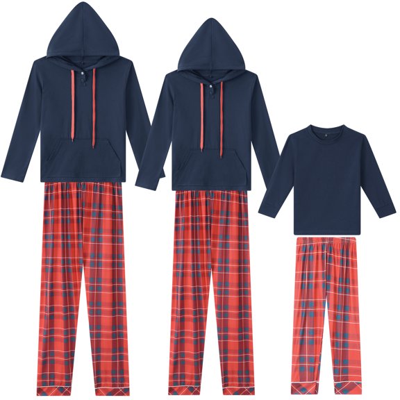 Conjunto de pijamas familiares de Navidad con capucha y manga larga Inspire Chic, con pantalones de cuadros, talla XS, azul [Niños y Niñas]