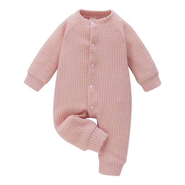 conjunto de mono para niños pequeños odeerbi otoño invierno forro polar manga larga rosa mono de forro polar rosa para bebé con botonadura frontal, cuello redondo, puños dobles y textura acanalada; vista frontal centrada sobre fondo blanco, ideal para uso informal, diario o fotografía.