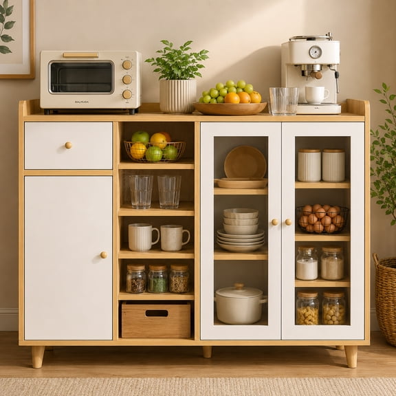 Alacena de Cocina 120x90x35 cm, Gabinete con Puertas de Vidrio, Cajón y Repisas, Mueble Organizador para Microondas, Estilo Blanco y Madera