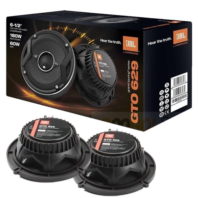 altavoces para coche jbl gto629, 6.5 pulgadas, 180 w, 3 ohmios, 93 db, negros — par de bocinas coaxiales negras de 6.5" (165 mm) con vista frontal y posterior; carcasa trasera ventilada y etiquetas JBL visibles, rejillas incluidas, profundidad de montaje superior 2 pulg., diseñado para sistemas con amplificadores de 25–180 W; también suele utilizarse como reemplazo de fábrica en instalaciones de audio de vehículo.