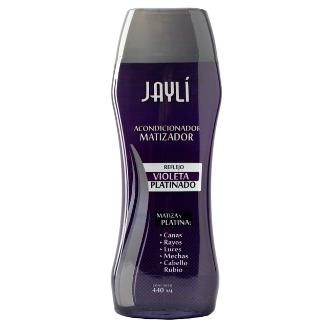 acondicionador matizador violeta 440ml Productos Jaylí S.A. DE C.V. — botella frontal de plástico violeta oscuro de 440 ml con tapa gris; etiqueta 'Acondicionador Matizador' y 'Reflejo violeta platinado', especifica uso en canas, rayos, luces, mechas y cabello rubio; ideal para mantener tonos cenizos entre tratamientos.