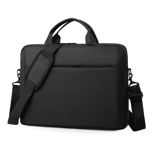 bolsa para laptop 15.6 pulgada impermeable portatil negra lab.g Bolsa negra para laptop 15.6" con vista frontal centrada; asas superiores acolchadas, correa de hombro ajustable y hombreras desmontables, tela Oxford de alta densidad con acabado repelente al agua, bolsillo frontal plano y cierre superior con cremallera. Correa trasera para fijar a trolley. Suele usarse también para llevar documentos y accesorios de viaje.
