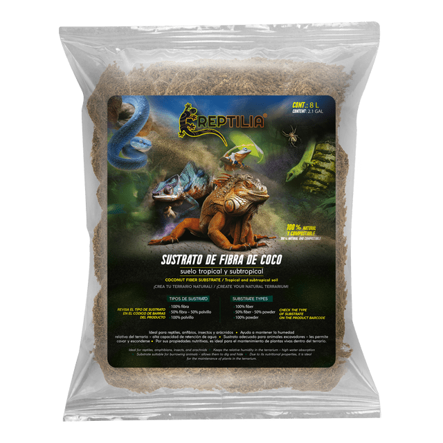sustrato de coco mitad fibra, mitad polvillo Lomas, bolsa transparente con etiqueta Reptilia y animales ilustrados; mezcla negro suelta de fibra y polvillo visible, textura granulada, diseñada para retener humedad en terrarios, apto para reptiles, anfibios, insectos y arácnidos, también adecuada para mantener plantas vivas en el terrario, volumen 8 L en etiqueta.