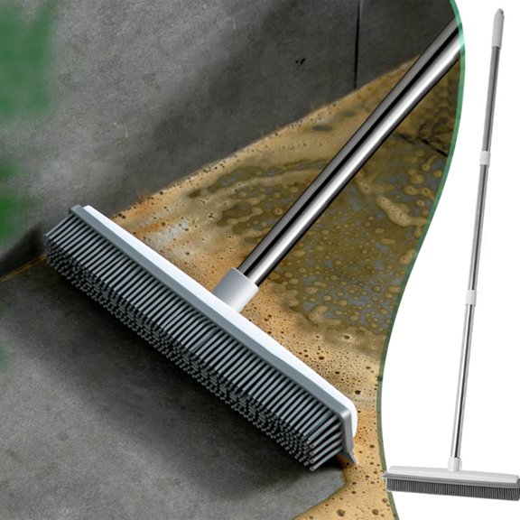 Cepillo de escoba y piso de empuje 2 en 1 con escobilla de goma incorporada | Mango de acero inoxidable de 120 cm/47,2 pulgadas de largo | Cerdas de silicona densas | Uso en interiores y exteriores