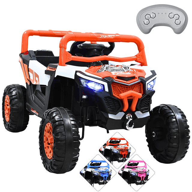 montable electrico para niños mini 4x4 bluetooth luz sonido batería 12v - naranja Vehículo montable infantil 4x4 naranja y blanco, vista frontal 3/4 con volante y asiento visibles; puertas abatibles, parrilla con gancho y luces delanteras encendidas, ruedas robustas con amortiguadores traseros y llantas naranjas; control remoto inalámbrico incluido. Batería 12V, Bluetooth/USB/Aux, música en volante y modo mecedora, apto 3–5 años (capacidad 30 kg).